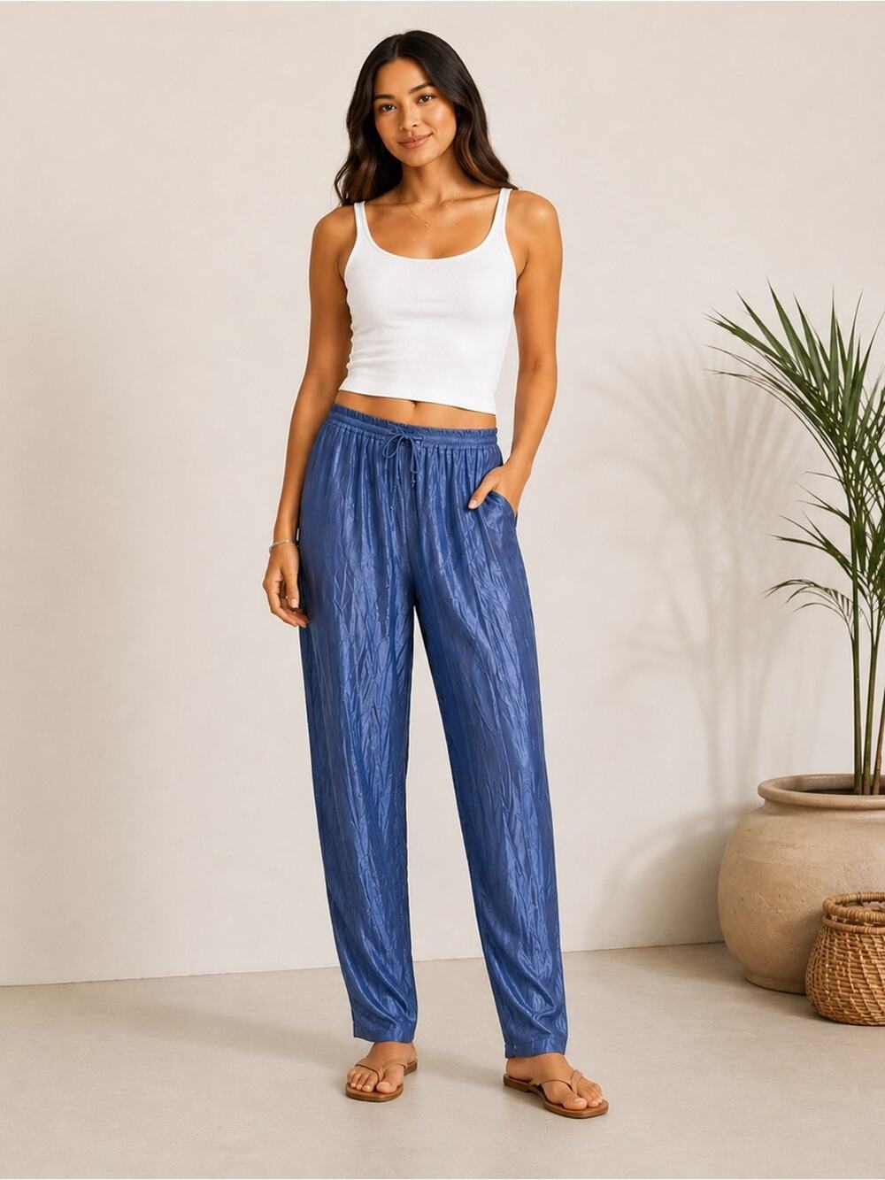 Y2K Nostalgia Harem Pants NWT Silky Crinkled Sheen Size M Boho Relaxed Coastal
